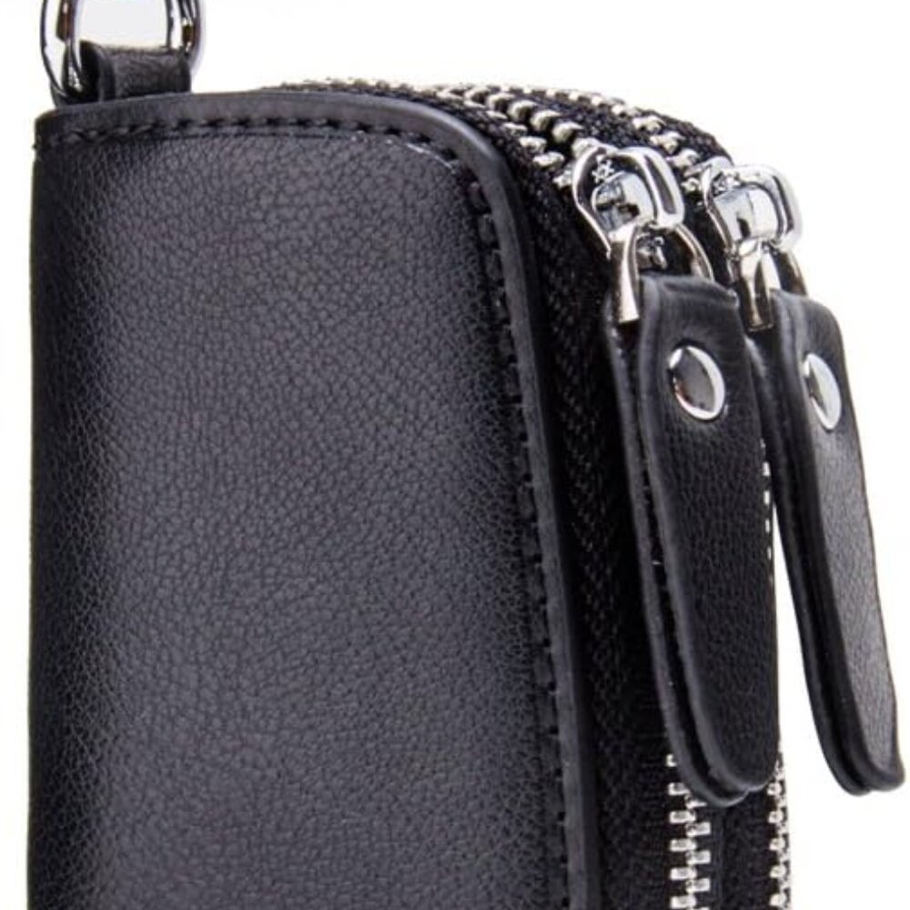 Car Key Case Small Leather Double Zipper Key Holder with 4 Keyrings Keys Organiz
